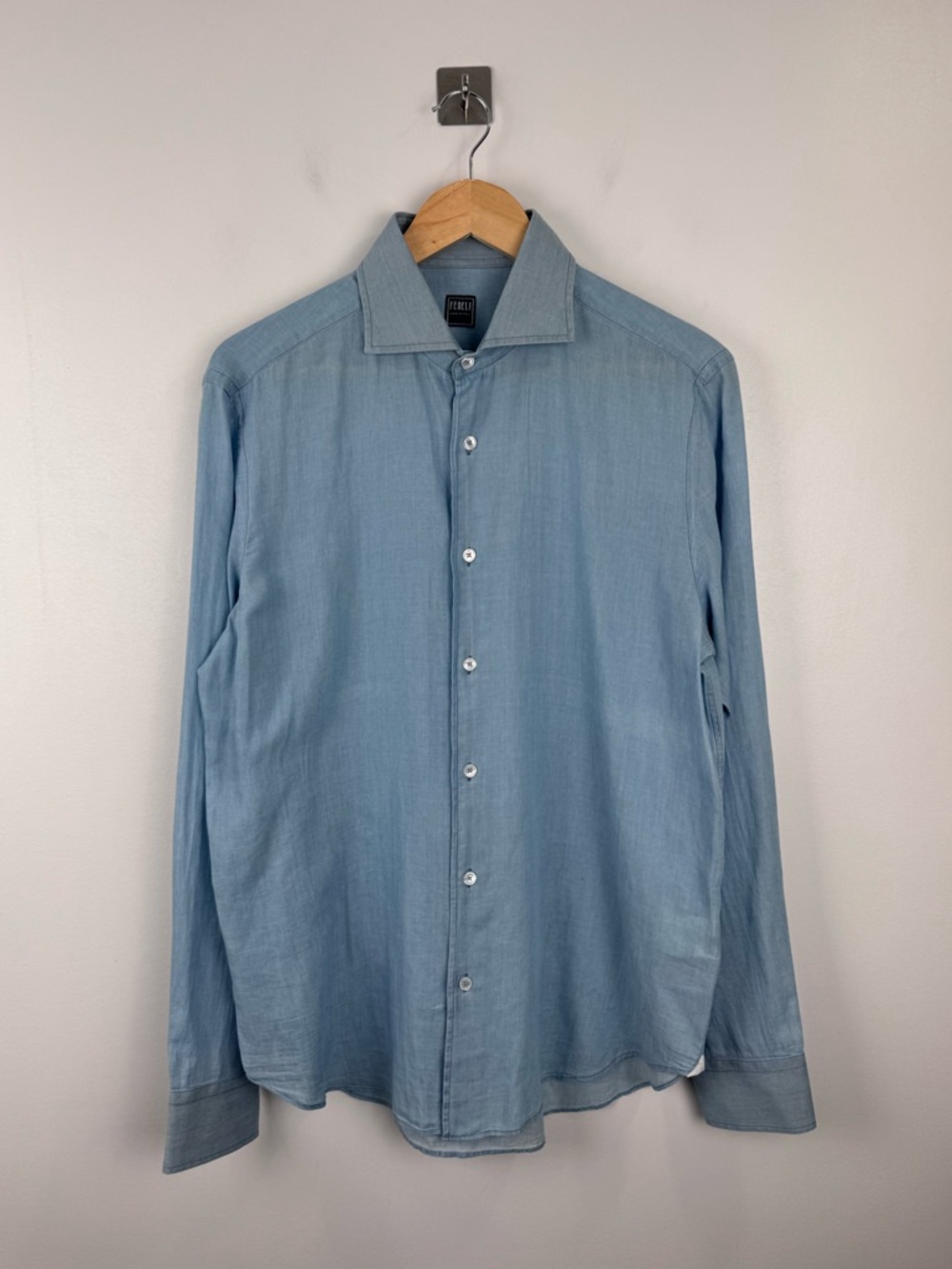Fedeli Men Blue Cotton Button Down Shirt Neck 15.75